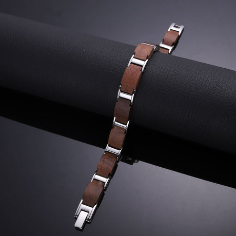 Wood and Stainless Steel Unisex Magnetic Bracelet. Brown & Silver Color. Model WB013